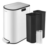 SONGMICS 13-Gallon Dual Kitchen Trash Can, 5.3 and 8 Gallon Compartments, Garbage Can with Wing Lids, Stainless Steel, Soft Close, Inner Buckets, Cloud White and Metallic Silver ULTB570W50