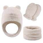 Winter Baby Hat and Mittens Set Fleece Toddler Beanie Scarf Infant Ears Earflap Hood Scarves Caps for Baby Boys Girls (White, 0-9 Months)