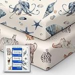 TotBasic Crib Sheets Fitted Boy for Standard Crib Mattress, Ultra-Soft Jersey Knit Crib Mattress Sheet, Safe and Snug, Durable Crib Sheet 2-Pack, 28''x52''x9'' Extra Deep Pocket (Safari Sea Animals)