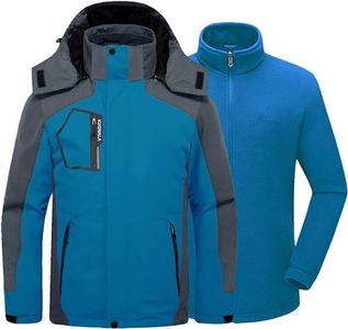 Kugnala Mens Winter Skiing Jacket 3 in 1 Waterproof Warm Snow Fleece Lining Coat Hooded Windproof Jacket S-3XL, -Peacock Blue/Grey, X-Large