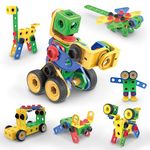 PicassoTiles STEM Learning Toys 105 Piece Building Block Set Kids Construction Engineering Kit Toy Blocks Children Early Education Playset w/IdeaBook, Power Drill, Clickable Ratchet, Age 3+ PTN105