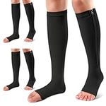 Ailaka 3 Pairs Compression Socks with Zipper, 15-20 mmHg Medical Knee High Compression Socks for Men Women, Open Toe Socks for Varicose Veins, Edema, Recovery