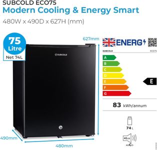 Subcold Eco75 Mini Fridge – Black, Compact Refrigerator