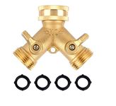 Garden Hose Splitter Heavy Duty Brass 2 Way, Brass Garden Hose Connector Tap Splitter, Solid Brass Hose Y Splitter 2 Valves with 4 Extra Rubber Washers