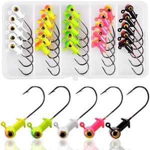 25pcs Painted Crappie Jig Head Hooks Set, Assorted Football Head Fishing Jig Hook for Bass Walleye Trout (1/4oz)