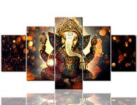Lord Ganesha Canvas Paintings Wall Decor Ganesha Pictures for Living Room Deity Festival Giclee 5 Piece Hindu God Artwork Home Decorations Posters and Prints Framed Ready to Hang(60''Wx32''H)