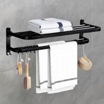 HONPHIER Towel Rail Wall Mounted 2-Tier Foldable Towel Holder Bath Towel Rack With Activity 5 Hooks SUS 304 Stainless Steel Towel Shelves Towel Rail for Bathroom, Kitchen, Hotel (23-Inch, Black)