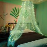 Eimilaly Lace Bed Canopy Mosquito Netting with Warm Lights, Princess Bed Canopy for Girls Room Decor, Green/Single Door