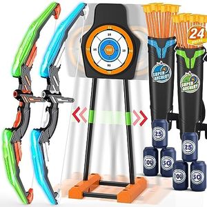 HYES 2 Pack Bow and Arrow with Moving Target for Kids, LED Light Up Archery Set with 24 Suction Cup Arrows, 6 Score Targets & 2 Quiver, Indoor Outdoor Sport Gifts for Boys Girls Ages 4-12