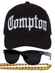 Gravity Threads Men's Compton 80s Rapper Costume Kit - Curved Bill Hat + Sunglases + Chain Necklace Set Black