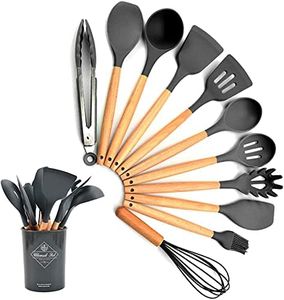 BluBasket Silicone Kitchen Utensil Set, 11 Pieces Cooking Utensil with Wooden Handles, Utensils Holder for Nonstick Cookware, Spoons, Soup Ladle, Slotted Turner, Whisk, Tongs, Brush, Pasta Server-Gray
