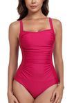 Vevarble Swimming Costume Women Vintage Slimming One Piece Swimsuit Ruched Tummy Control Swimwear Bathing Suits(Rose-M)