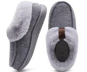 COFACE Women's Arch Support Memory Foam House Slippers Ladies Warm Fuzzy Faux Fur Collar Winter Moccasin Shoes with Orthotic Plantar Fasciitis Indoor Outdoor Hard Rubber Sole Grey Size 10