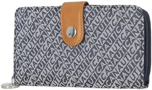 Nautica Womens, Be Shore Vegan Leather RFID Wallet, Zip Around Clutch Large Slim Phone Case and Multi Card Organizer, Indigo, Jacquard
