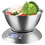 UNIWEIGH Food Kitchen Scale Bowl,Digital Gram and OZ for Cooking,Baking,Dieting,Weight Loss,with Removable Bowl 2.15L Volume, Room Temperature,Timer, Backlight LCD Display, Stainless Steel, 11lb/5kg