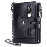 HUMERPAUL Mens Wallet with Chain RFID Blocking Men's Genuine Leather Wallet Bifold Wallet with Credit Card Holder and Zipper Coin Pocket Purse, Black