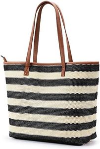 KALIDI Straw Tote Beach Bag Striped Shoulder Handbag Stitch Woven PU Leather Handle Zipper Pocket Travel Shopping Picnic, Black Stripe, Large
