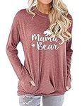 ZIOOER Women Mama Bear Sweatshirt T-Shirt Long Sleeve Pullover Tunic Tops Casual Pockets Blouses Brick Red L