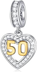 50th cumpleaños Charms fit Pandora pulsera del día de la madre, 18K Oro número 30 Colgante, plata esterlina 925 50 aniversario de boda corazón collar cuentas con CZ, regalos para abuela/madrina/Nana