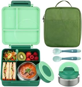 Itslife Bento Lunch Box for Kids with 8oz Soup Thermo&Lunch Bag, Leak-Proof Lunch Food Containers with 4 Compartment, Hot Food Insulated Food Jar for Kids School (Green)