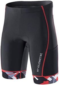 MY KILOMETRE Triathlon Shorts Mens 9" | Easy Reach Leg Pockets | Chamois for Long-Distance Tri Race Cycling Shorts Black-red