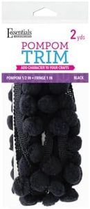 Essentials By Leisure Arts Pom Pom 1/2" Fringe - Balck - 1" 2 Yard Poms Arts And Crafts Black Pompoms For Crafts Craft Poms Puff Balls For Crafts