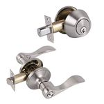 Probrico Front Door Handle Lever Keyed Alike Entry Door Lever and Deadbolt Combination Set, Drop Shape Lever with Double Cylinder Deadbolts Combo Pack, Exterior and Interior Hardware Satin Nickel