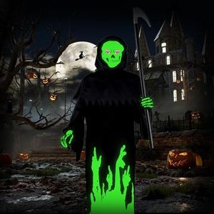 VAZILLIO Deguisement Faucheuse Enfant, Lumineux d'Halloween Costume Enfants avec Haute Qualité Gants et Faucille, Halloween Squelette Costumes Pour Garçons et Filles 5-13 Ans (S)