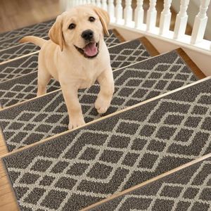 COSY HOMEER Soft Stair Treads 15pcs Non-Slip Carpet Mat 28inX9in Indoor Stair Runners for Wooden Steps,Stair Rugs for Kids and Dogs, 100% Polyester TPE Backing Brown,Rhombus