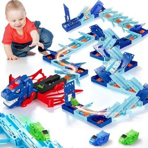 Infowush Dinosaur Card Track Car Toy with 2 Cars for Kids & Toddlers, 20PCS