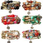 FIBO STEEL 6 Sets Bohemian Stackable Bead Bracelets for Women Stretch Multilayered Bracelet Set Multicolor Boho Jewelry