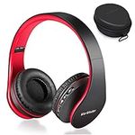 Wireless Bluetooth Over Ear Stereo Foldable Headphones, Wireless and Wired Mode Headsets with Soft Memory-Protein Earmuffs, Built-in Mic for Mobile Phone TV PC Laptop (Black&Red)