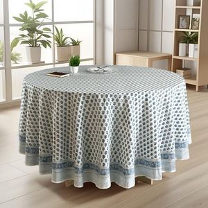 CPC Round Tablecloth- Cotton Indian Block Print Tablecloth -Handmade Printed Washable Cotton Table Cloth - Thanksgiving, Christmas Table Cover - Apatite Blue 132 Inches