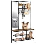 Yaheetech Coat Rack, Large Coat Stand with Mirror, Free Standing Hall Tree with Shoe Storage Bench & Storage Bag, 6-in-1 Design, Steel Frame, for Hallway Living Room Home Office, Rustic Brown