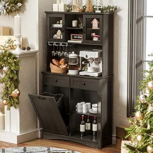 OUTGUAVA Tilt Out Trash Cabinet, Kitchen Pantry Storage Cabinets with Adjustable Shelves and Drawers, Wooden Freestanding Cabinet Trash Cans for Kitchen Living Room Dining Room, Black, 13 Gallons