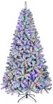 Asinse 6ft Pre-Lit Snow Flocked Christmas Tree - Premium Artificial Spruce Hinged Xmas Tree with 350 Multicolor LED Lights, White Heavy Snow Flocking,Easy to Assemble with Metal Stand (6ft/180cm)