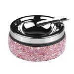 Ashtray,Stainless Steel Ashtray with Lid Bling Crystal Diamonds,Cigarette Ashtray for Indoor or Outdoor Use,Ash Holder for Smokers,Desktop Smoking Ash Tray for Home Office,Circular - Pink