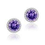 YOMELA Cubic Zirconia Earrings, Stud Earrings for Women Hypoallergenic White Gold Small Dainty Amethyst Purple Round Halo CZ Birthstone Earrings for Women