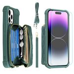 MONASAY Fit for iPhone 14 Pro PU Leather Zipper Wallet Case for Women,[Glass Screen Protector][RFID Blocking] Handbag Phone Cover with Card Holder and Crossbody Lanyard Strap, Light Green