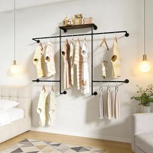 Merapi Industrial Pipe Clothing Rack, Wall Mounted Heavy Duty Garment Rack with Wood Shelf, Double Hanging Rod Vintage Organizer for Walk-in Closet, Laundry Room & Retail Store Display (Black)