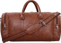 Leather World Brown Vegan Leather Weekender Travel Duffle Luggage Bag with Detachable Shoulder Strap for Men & Women(Tan)