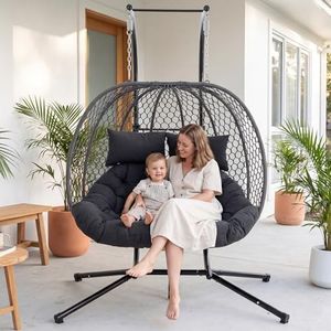 DAYARUS Double Egg Chair Outdoor, Foldable Egg Swing Chair with Stand, Braid Rope Rattan Hanging Chair, Metal Nest Rocking Basket, Outdoor Chair with Waterproof Cushion for Balcony/Porch, Dark Grey