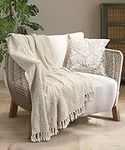 Maxpeuvon Fall Throw Blanket, Cream Muslin Gauze Blanket Breathable 100% Cotton Knit Blanket with Tassels Boho Farmhouse Beige Home Decoration for Couch Bed Sofa Chair, 50x60 Inch