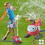 Water Sprinkler for Kids 2 In 1 Water Play Spray Toys Backyard Spinning Airplane Outdoor Sprinkler Helicopter Shape with Baseball Game Set,Garden Lawn Party Game,Bat & Ball Include