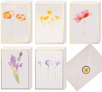 40 Plain Floral Cards, 4 x 6 in Assorted Artistic Watercolor & Gold Foil All Occasion Greeting Cards, Bulk Boxed Set of Blank Flower Stationary Notecards w/ Envelopes & Stickers