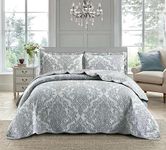 3 PCS Patchwork Bedspread Quilted Bed Throw Single Double King Size Bedding Set (Damask Grey, King)