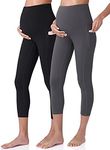 POSHDIVAH 2Pcs Women's Maternity Capri Leggings Over The Belly Pregnancy Workout Active Stretchy Pants with Pockets Black Gray X-Large