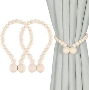 KLOGTSIND Magnetic Curtain Tiebacks, 2 Pack Wood Bead Curtain Holdbacks | Elegant Curtain Tie Backs for Boho Bedroom Decor, Baby Nursery Decor, Farmhouse Decor, No Tools Required