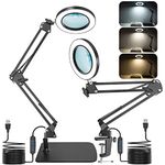 Jubor 2-in-1 Magnifying Glass with Light and Stand, 15X 10X LED Magnifying Lamp with Clamp and Base, Desk Magnifier Lamp with 3 Color Modes for Hobby Crafting, Workstation Lamp, LED Reading Lamp