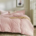 JELLYMONI Pink Duvet Cover Full Size, 3pcs Washed Microfiber Bedding Set, Soft Breathable Seersucker Duvet Cover Set with Zipper Closure and Corner Ties for All Seasons